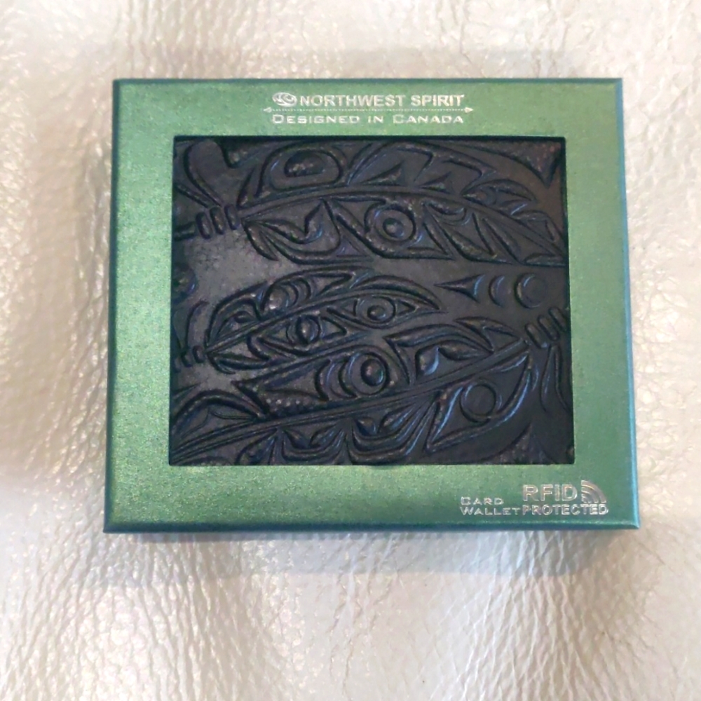 Bi-Fold Wallet with 'Feather' design by Angela Kimble, Coast Salish
